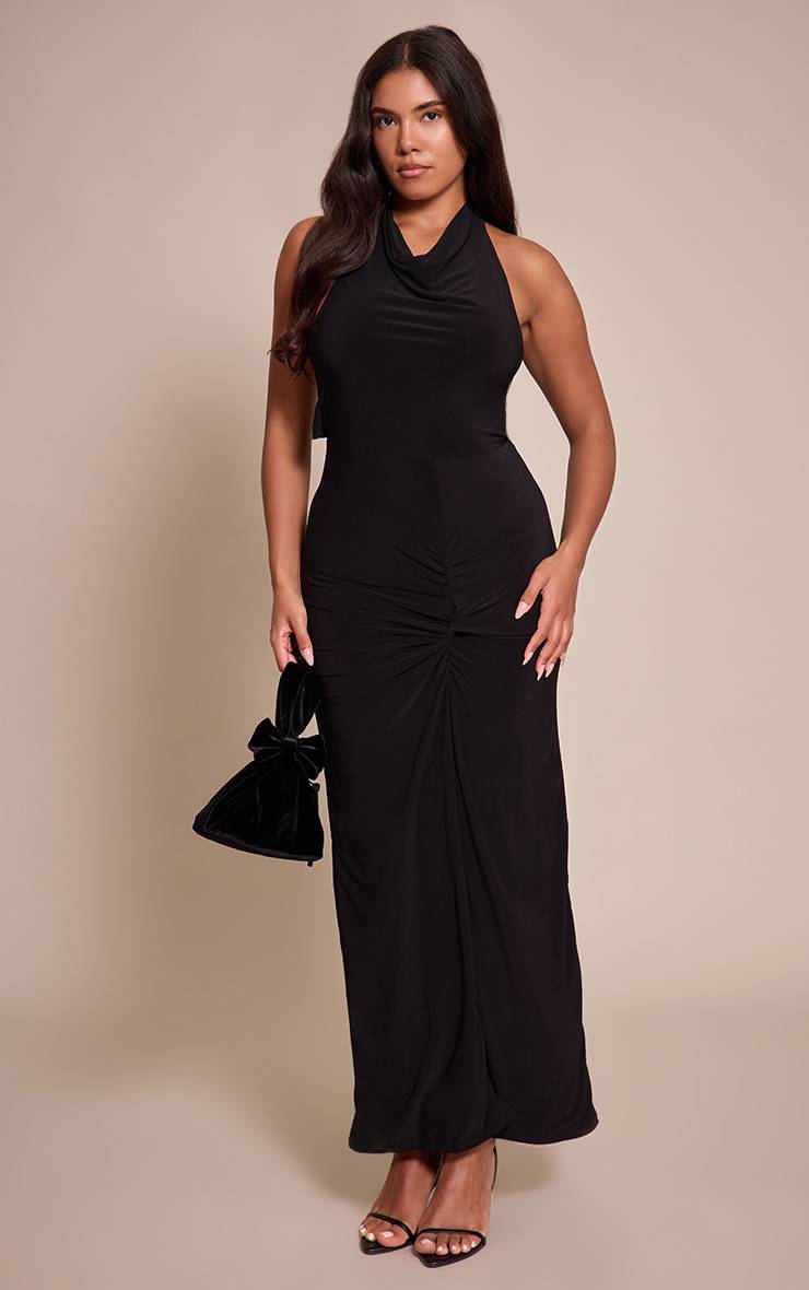 Noir Robe Maxi Ajustée À Encolure Licou Dos Noué Détail Doré Et Col Drapé