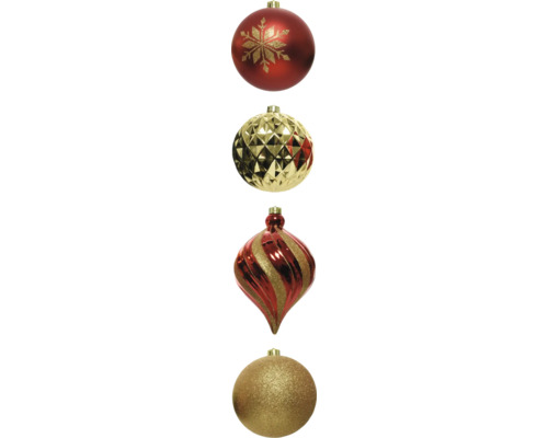 Verpakking van 6 plastic kerstballen, rood en goud
