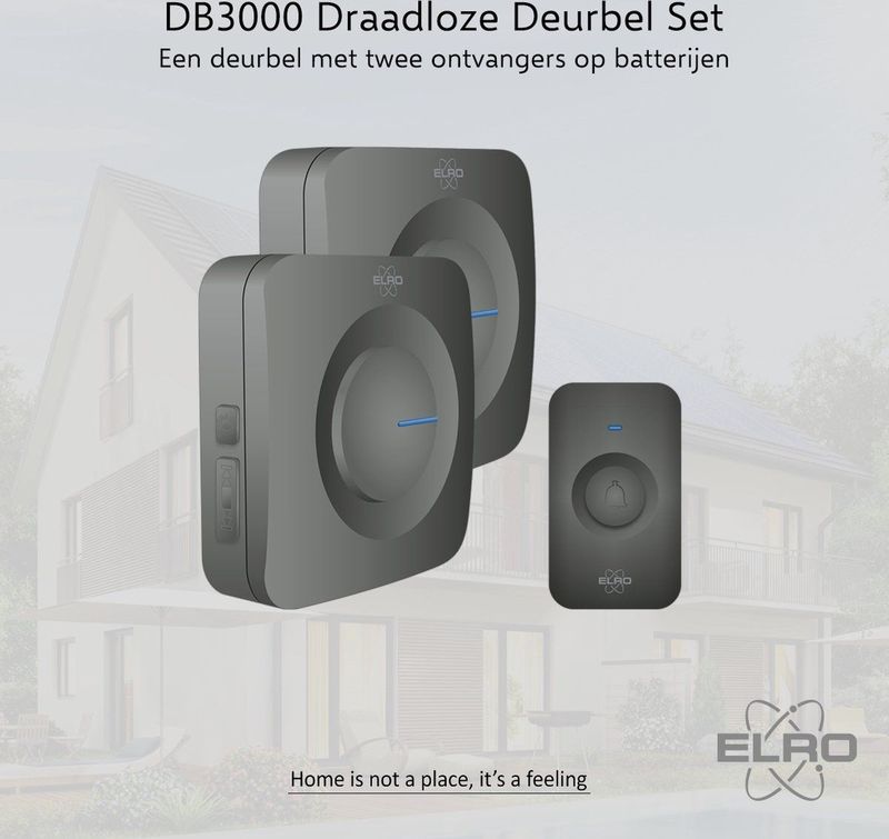 ELRO DB3000 Draadloze Deurbel Set – met 2x Ontvanger op batterij - Bereik 300 meter - IP65 Waterdicht - 64 Melodieën - Zwart