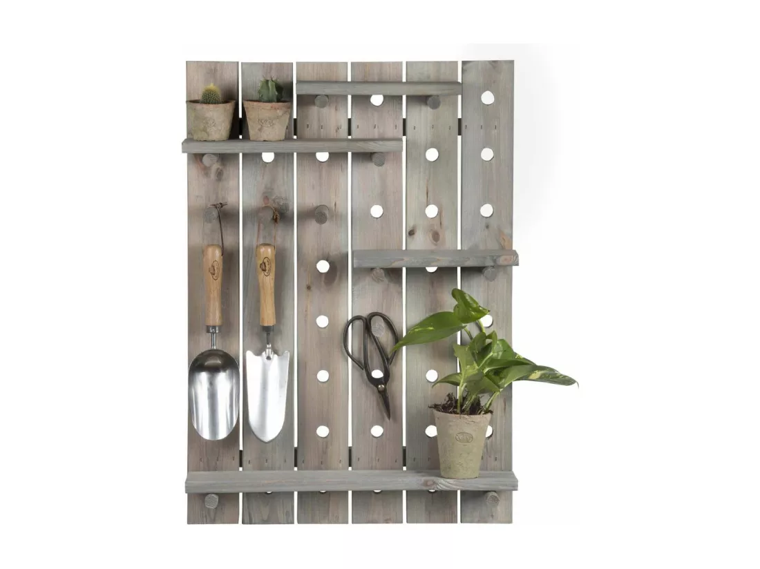 Panneau perforé avec 4 étagères en bois - L 16,2 x l 56,3 x H 56,3 cm - Gris