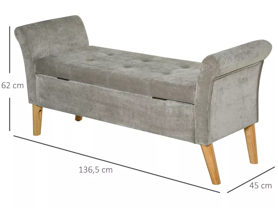 Banc Banquette Design Contemporain Accoudoirs Courbés Fonction de Rangement 2 en 1 136,5 x 45lx 62 cm Gris