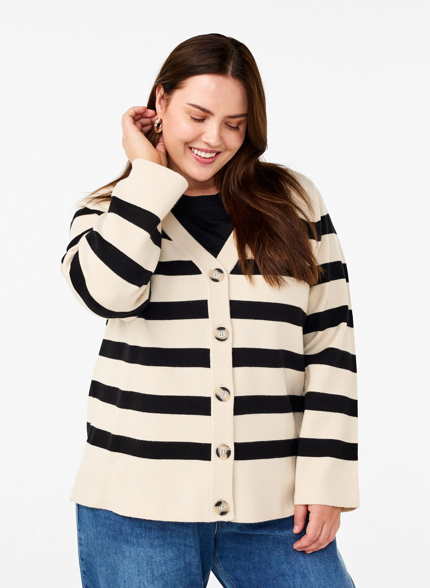 Stribet strikcardigan med v-hals