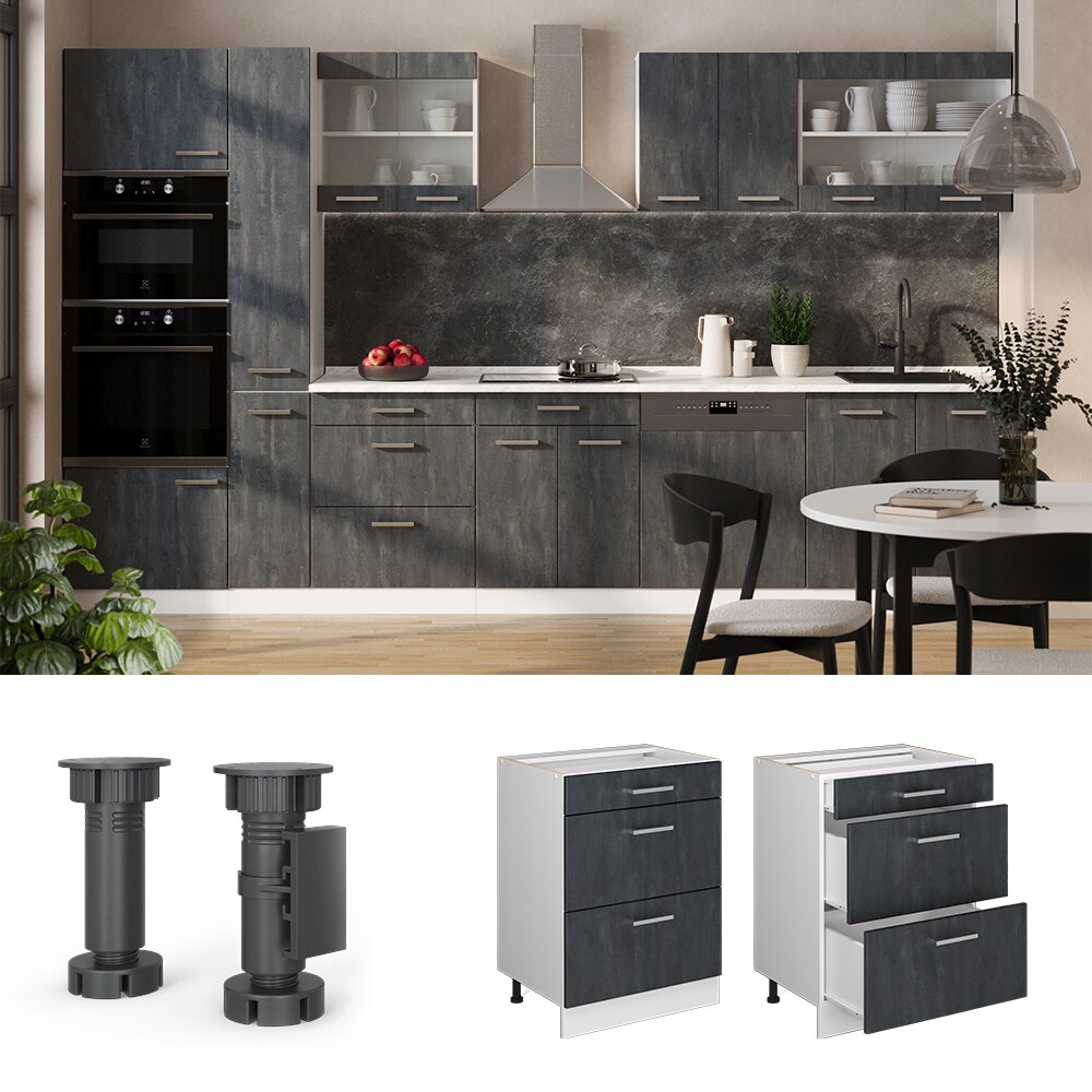 Vicco Schubladenunterschrank R-Line Schwarz Beton Weiß 60 cm mit Arbeitsplatte Weiß-Marmor