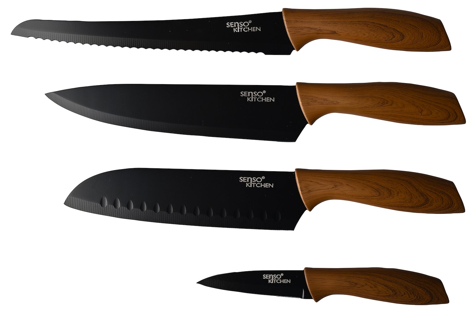 Chef knivsett 4 deler Sort stål med håndtak i plast. 4 kniver i pakken.