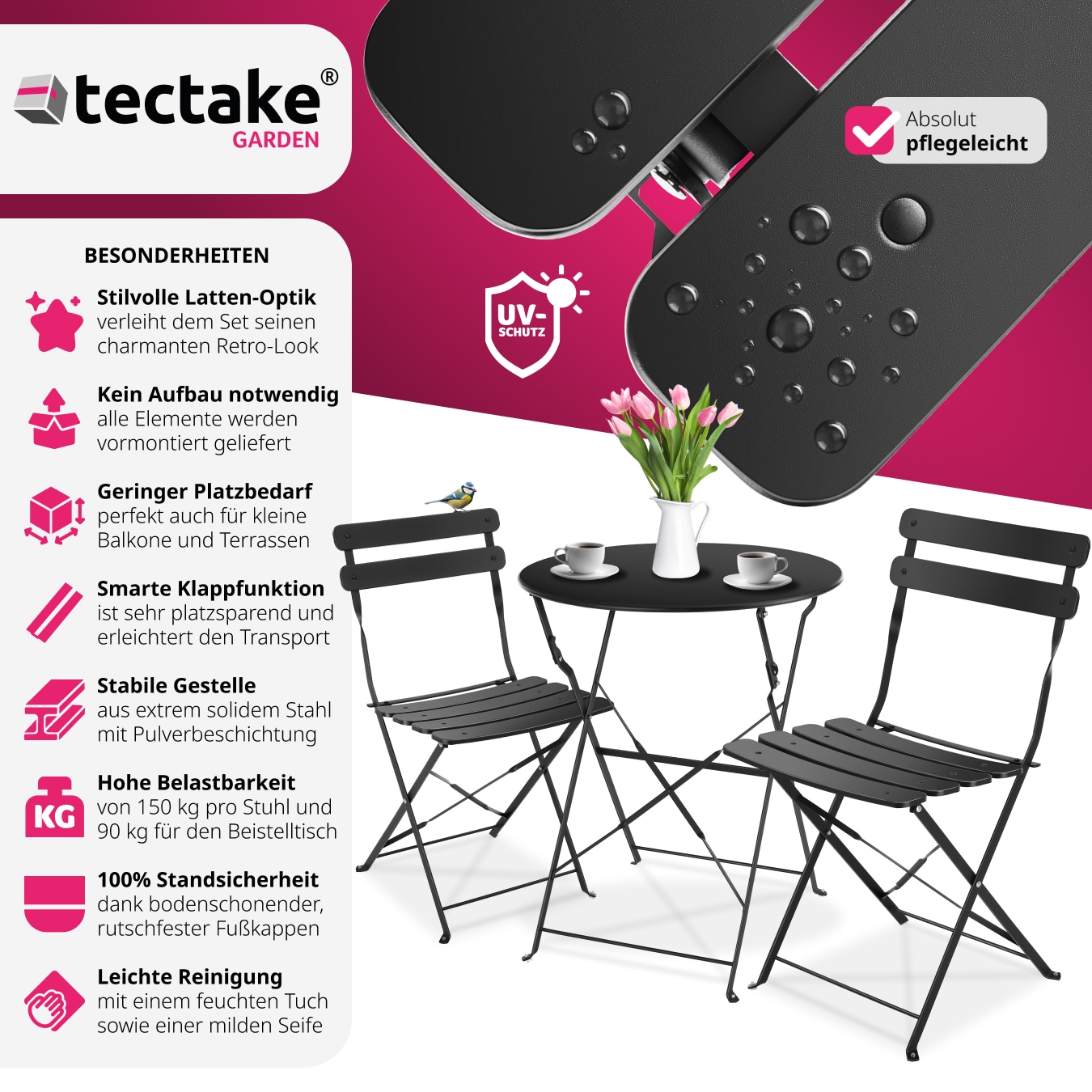 tectake® Bistrotisch Set, für 2 Personen, widerstandsfähig, Belastbarkeit Stuhl 120 kg