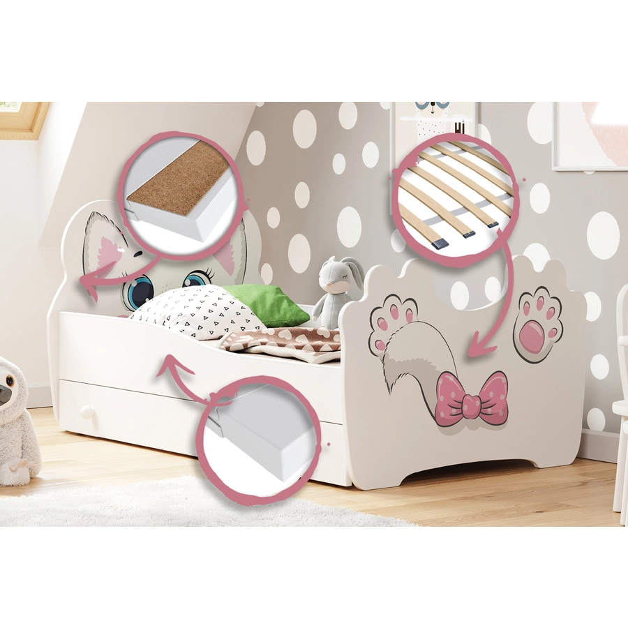 Kids Collective Kinderbett Jugendbett 80x160 cm mit Matratze, Schublade und Lattenrost, MDF-Holz weiß - Katzenmotiv