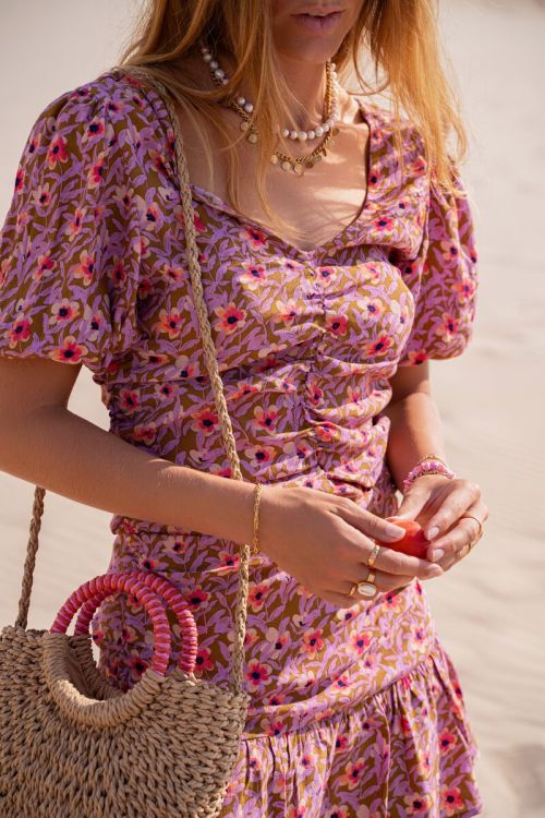 Groene top met lila bloemenprint