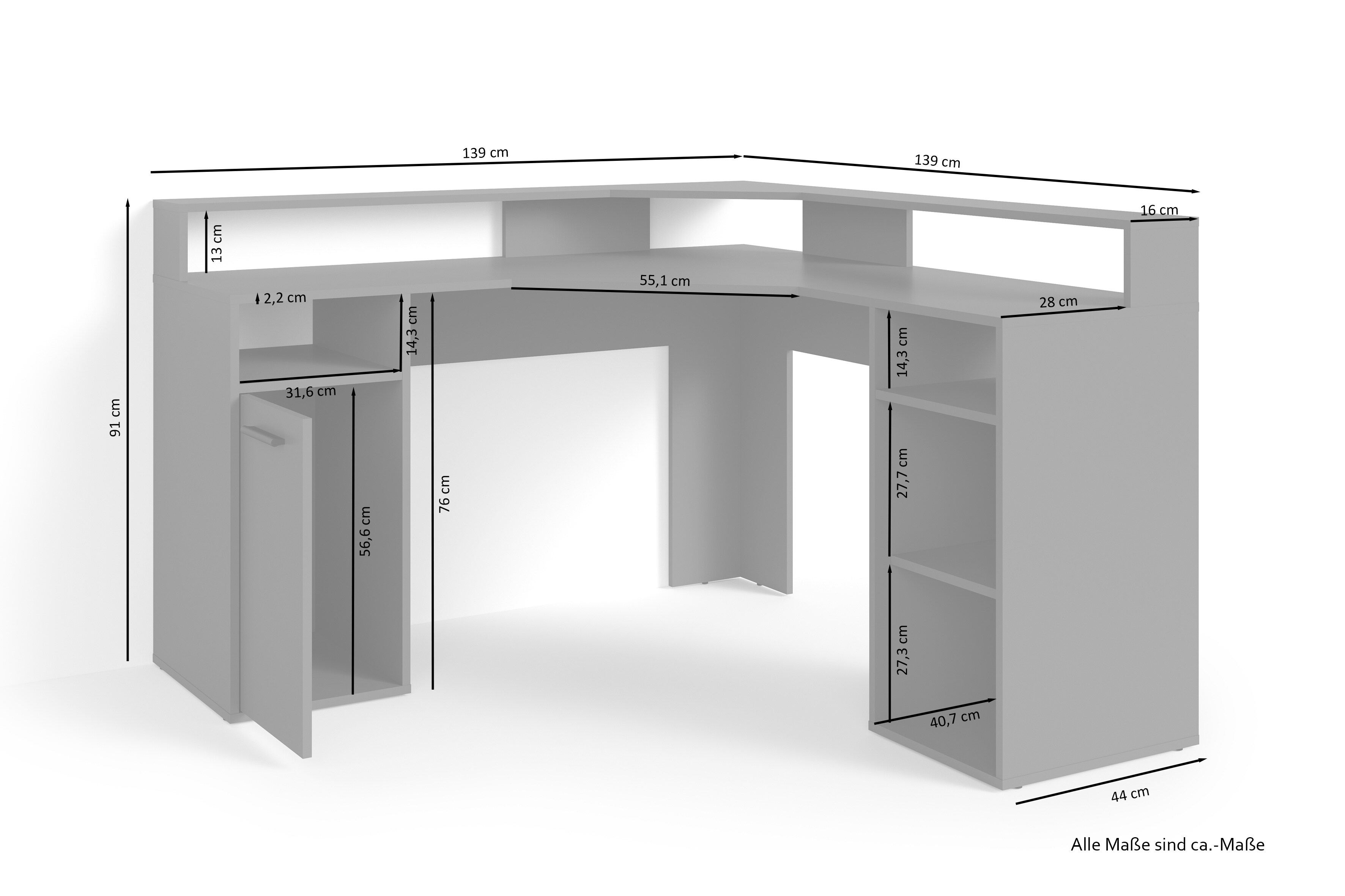 byLIVING Schreibtisch FOX, Breite 139 cm, anthrazit, offene Fächer, Tür, Ablage