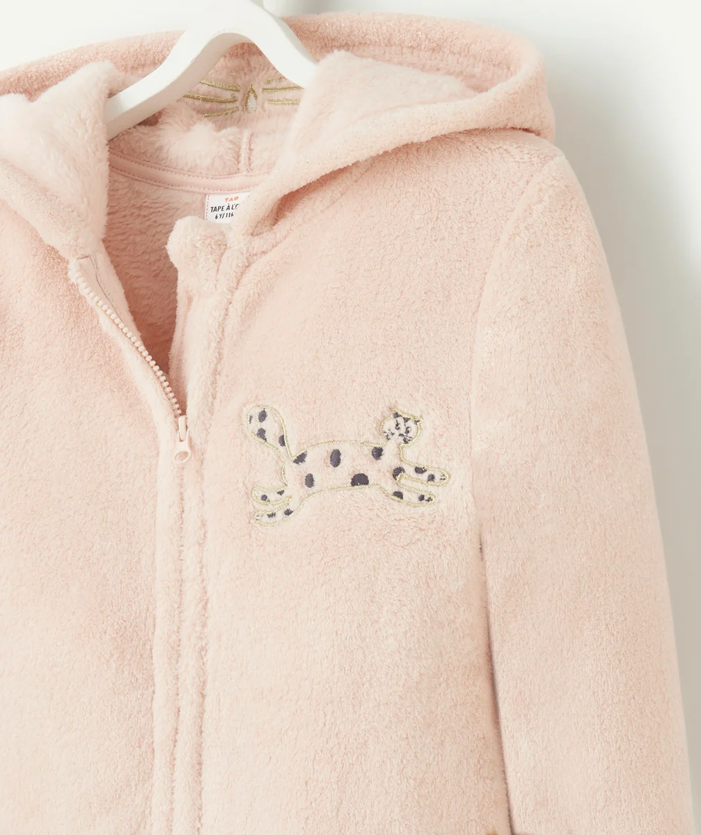 SURPYJAMA POLAIRE FILLE EN FIBRES RECYCLÉES ROSE PÂLE AVEC MOTIF CHAT