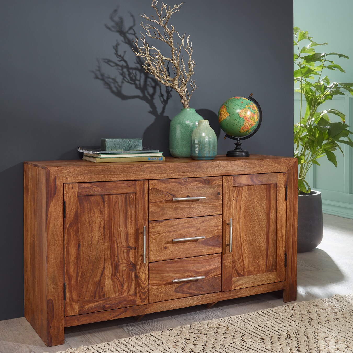 FineBuy Sheesham Massiv Sideboard 118 x 40 cm Massivholz Kommode Anrichte