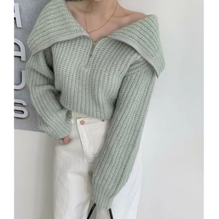 Rosesand - Lange mouw off-shoulder trui met halve rits en effen kleur
