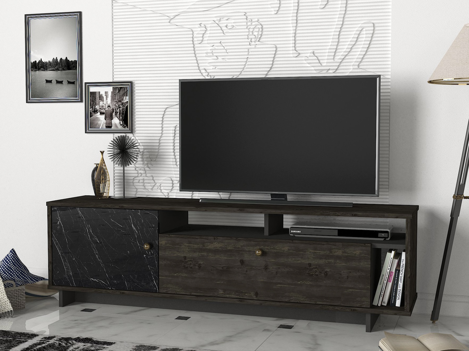 TV Lowboard Artem Rebab Braun Dunkelgrau ( Marmor Optik )