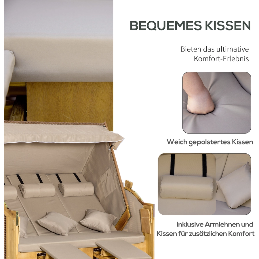 Outsunny Strandkorb mit Klapptischen, Fußstütze natur