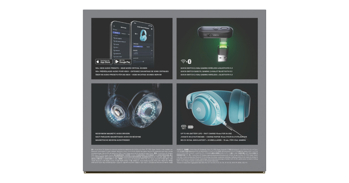 SteelSeriesArctis Nova 3X Wireless over-ear gaming headset  (Lichtblauw, 2.4 GHz / Bluetooth 5.3, Pc, Xbox Series X|S, Xbox One, Switch)