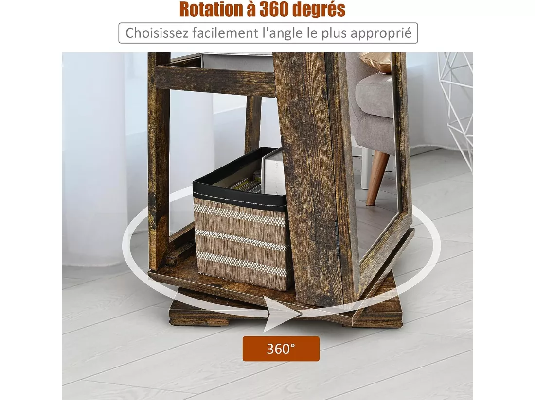 Armoire à Bijoux Pivotante à 360 Degrés, Organisateur de Bijoux sur Pieds, avec Grand Miroir Psyché et Etagère de Rangement à L’Arrière (Brun Rustique)