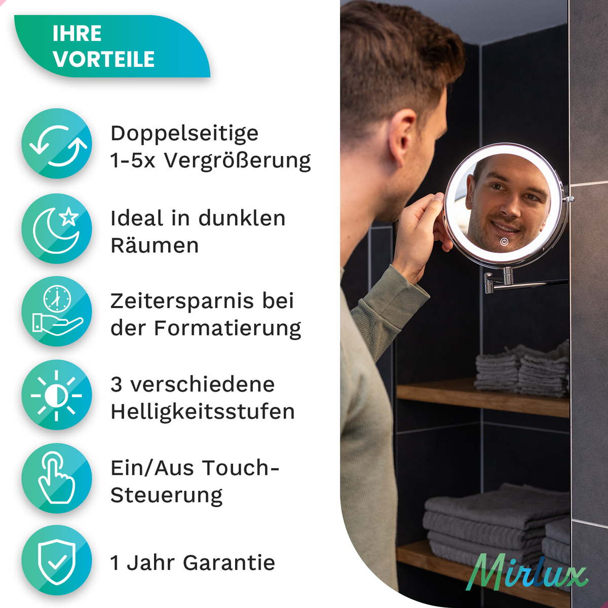 Mirlux cosmeticaspiegel met LED-verlichting, 5x vergroting, rond, 3 lichtstanden, chroom, werkt op batterijen