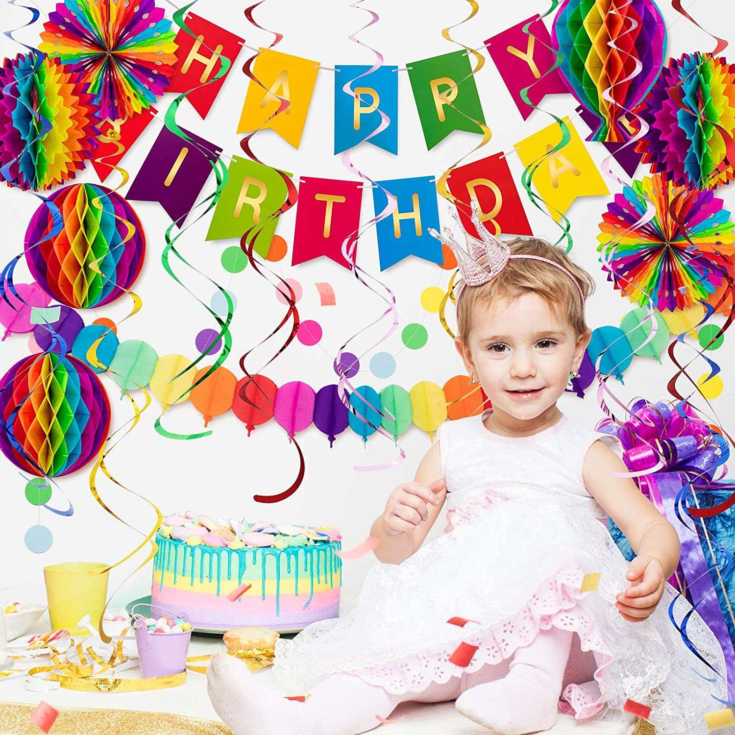 (37-tlg. Set) Happy Birthday Girlande Geburtstags Party Deko   Papier Wabenkugeln / Spiralen Girlanden - Bunt