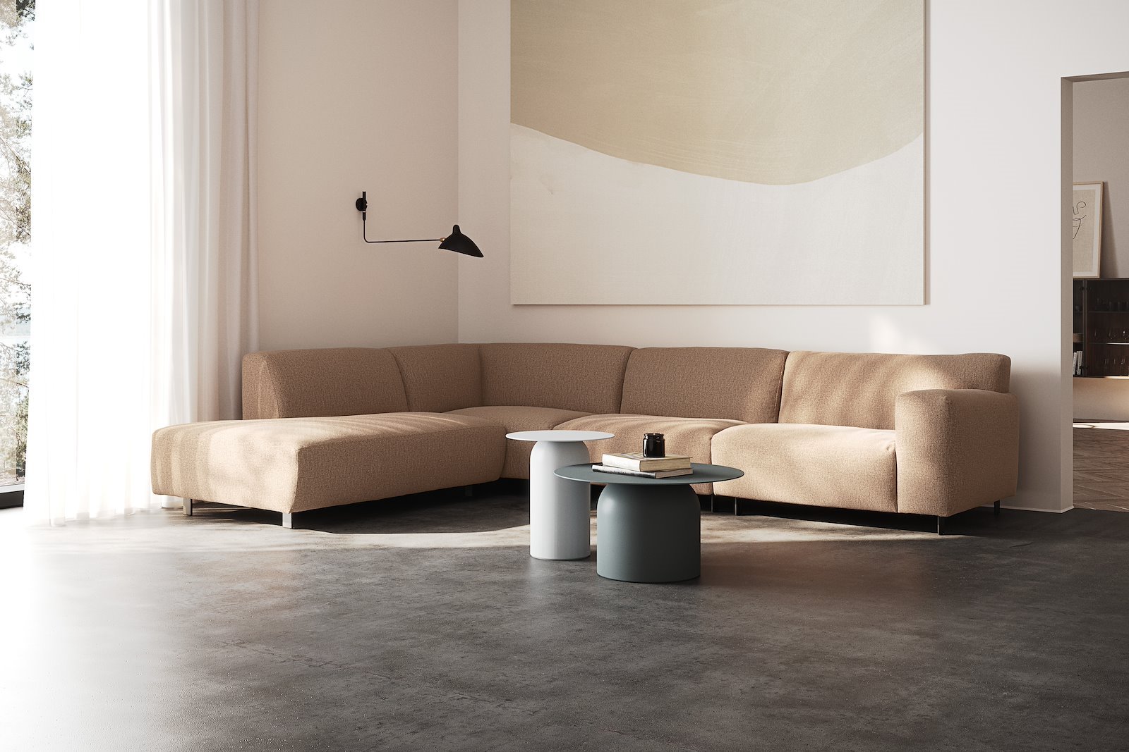 Vesta hjørnesofa 3-seter med åpen ende venstre, Big hjørnemodul, Tekstil Marsel Bronze, standardsøm, sort metallben 10 cm, Comfort CM