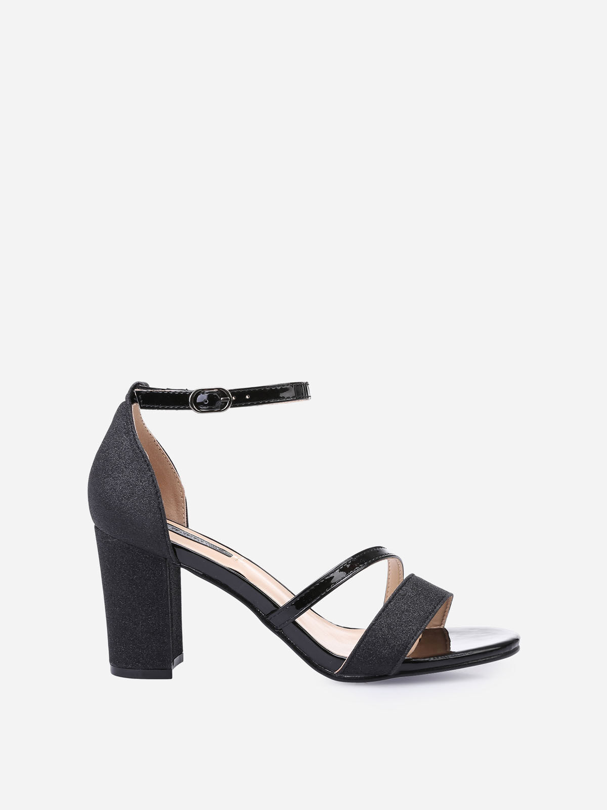 Sandales à talon scintillantes avec brides vernies- Noir