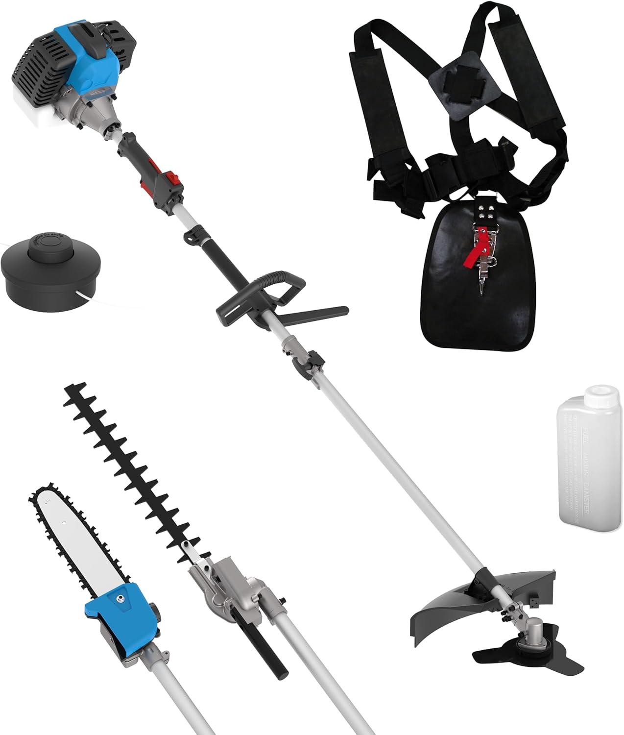 Güde Gartenpflege-Set GPS 1001 4in1 (2-Takt-Motor 1,2/1,6 (kW/PS), Astkettensäge mit Oregon Schwert & Kette/Freischneider/Trimmer/Heckenschere in einem, inkl. Verlängerung, Mischbehälter & Tragegurt)