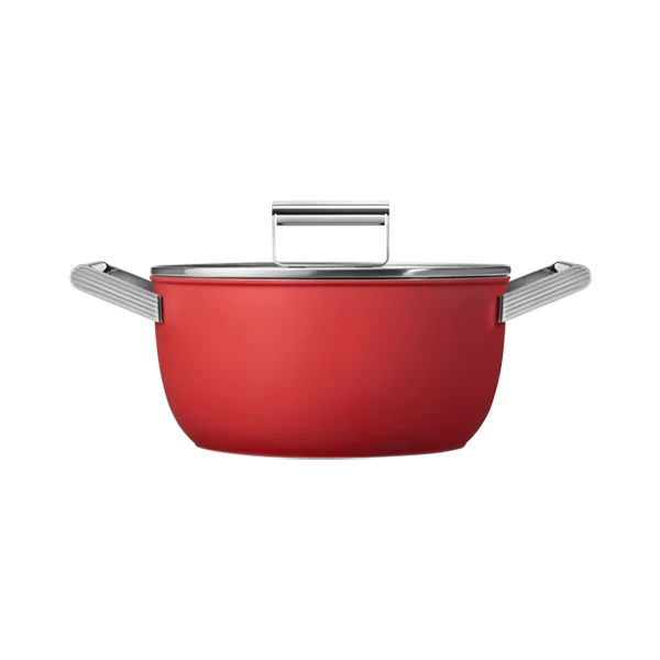 Faitout bas aluminium antiadhésif 24 cm rouge mat avec couvercle verre