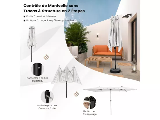 Parasol de Jardin Double XXL 426 x 265cm Poignée à Manivelle,Sommet Ventilé Polyester Structure Métallique à 10 Côtes （Beige)