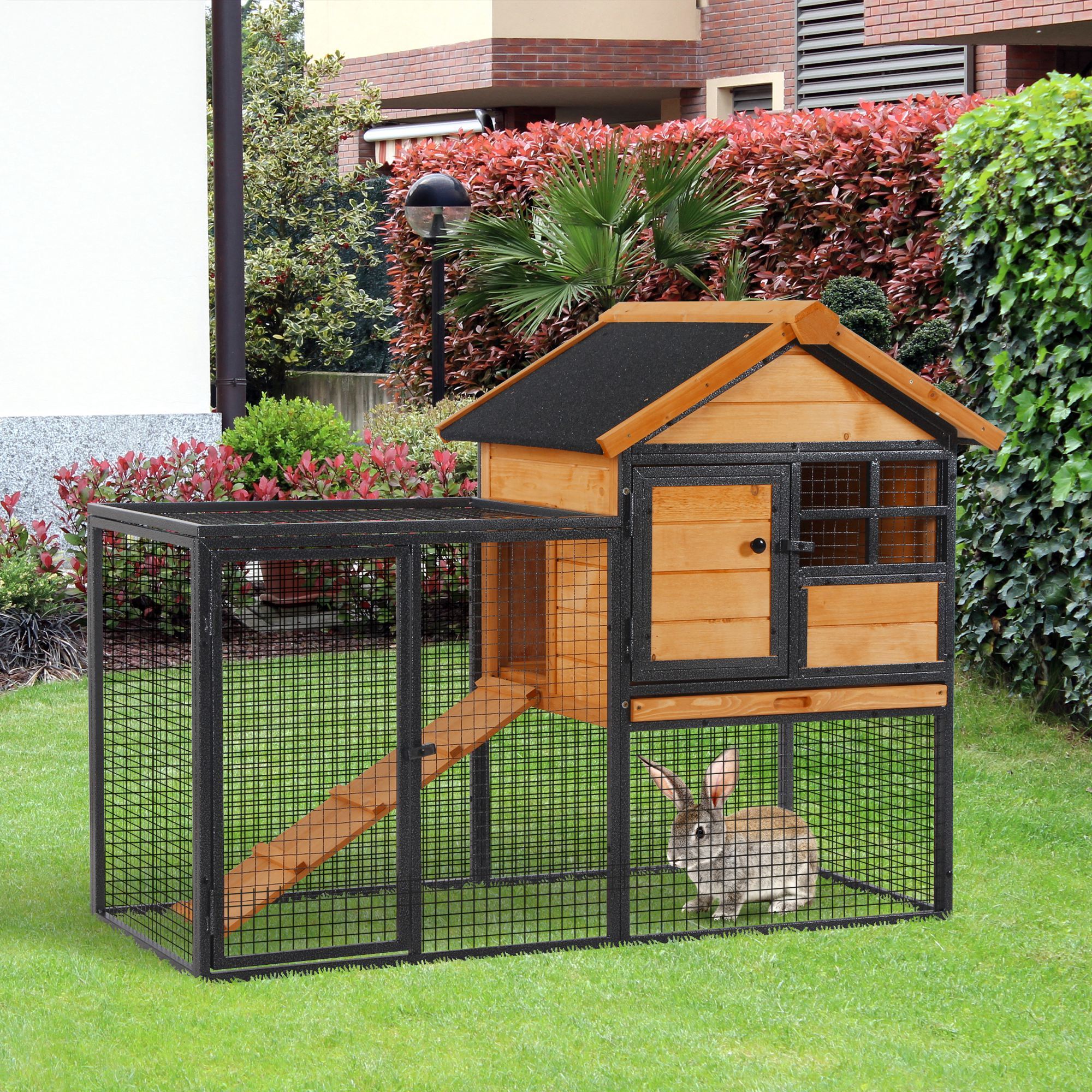 PawHut Kaninchenstall mit Auslauffläche Hellgelb, Schwarz 122 x 63 x 92 cm (BxTxH)