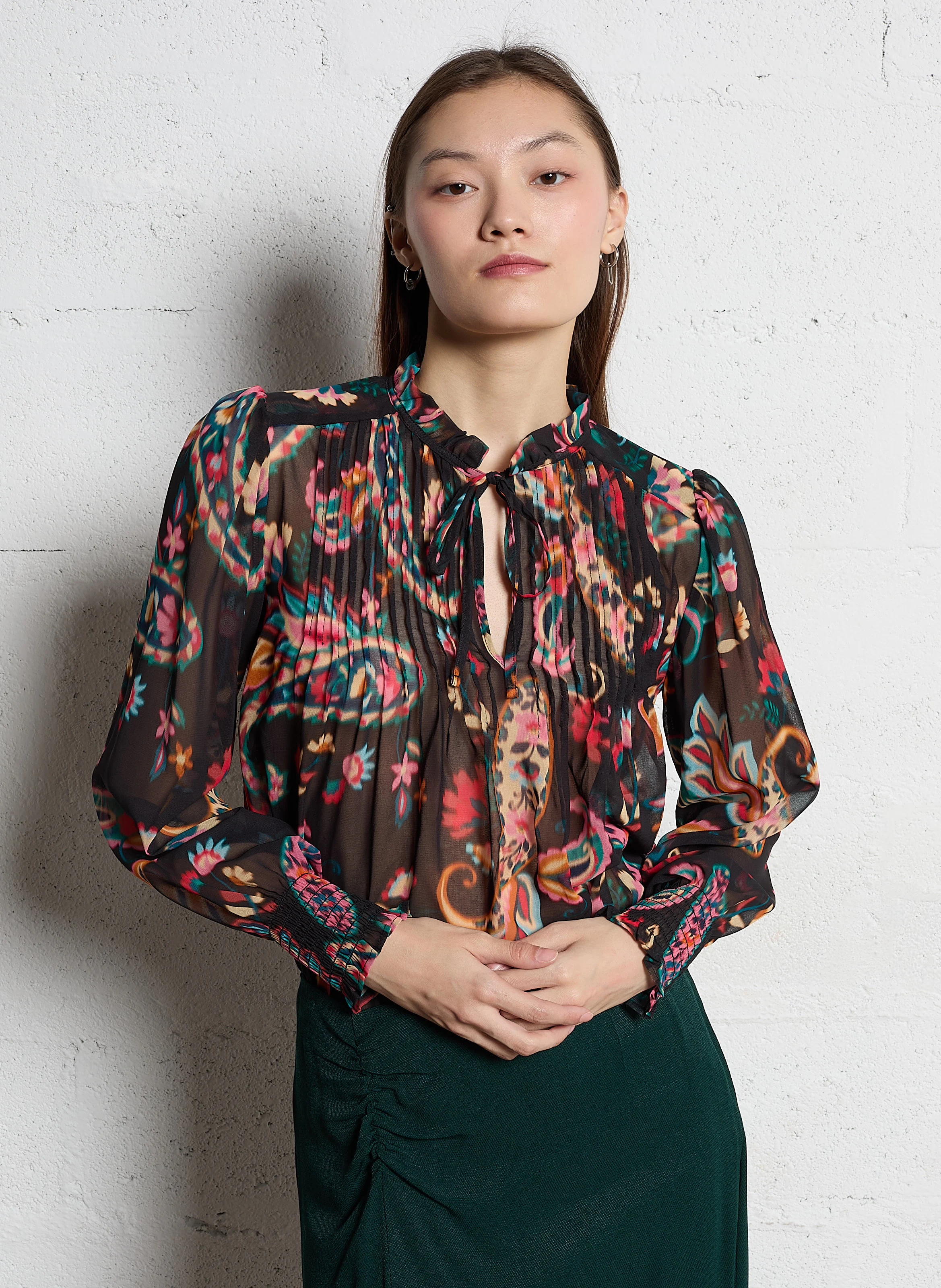 TASHEMIR - Blouse en mesh imprimée transparente | Noir