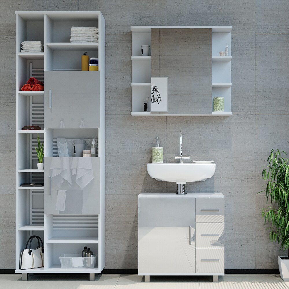 Vicco Badmöbelset Ilias Weiß Hochglanz modern Badezimmer Schrank Badschrank Waschtischunterschrank Spiegelschrank Hochschrank Schranktür Schrankschublade Schrankfach Ablage Aufbewahrung