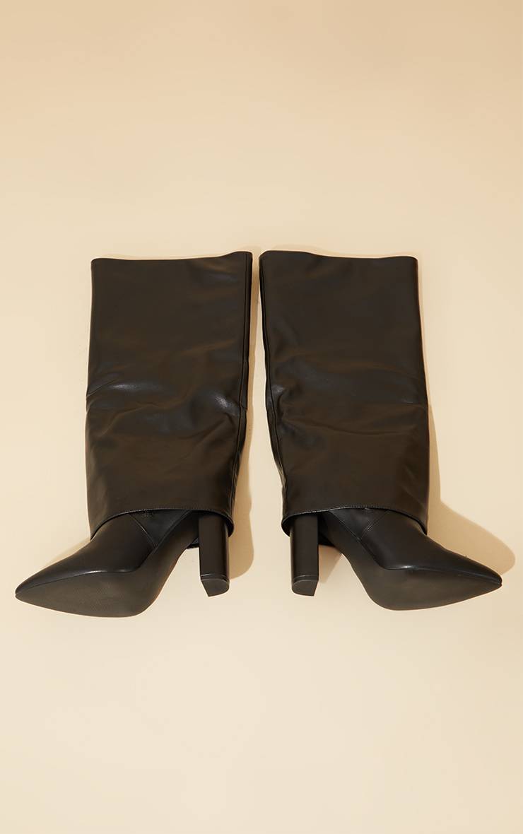 Noir Bottes Hautes À Talon Bloc Et Bout Pointu En Synthétiquecuir Coupe Large Avec Revers