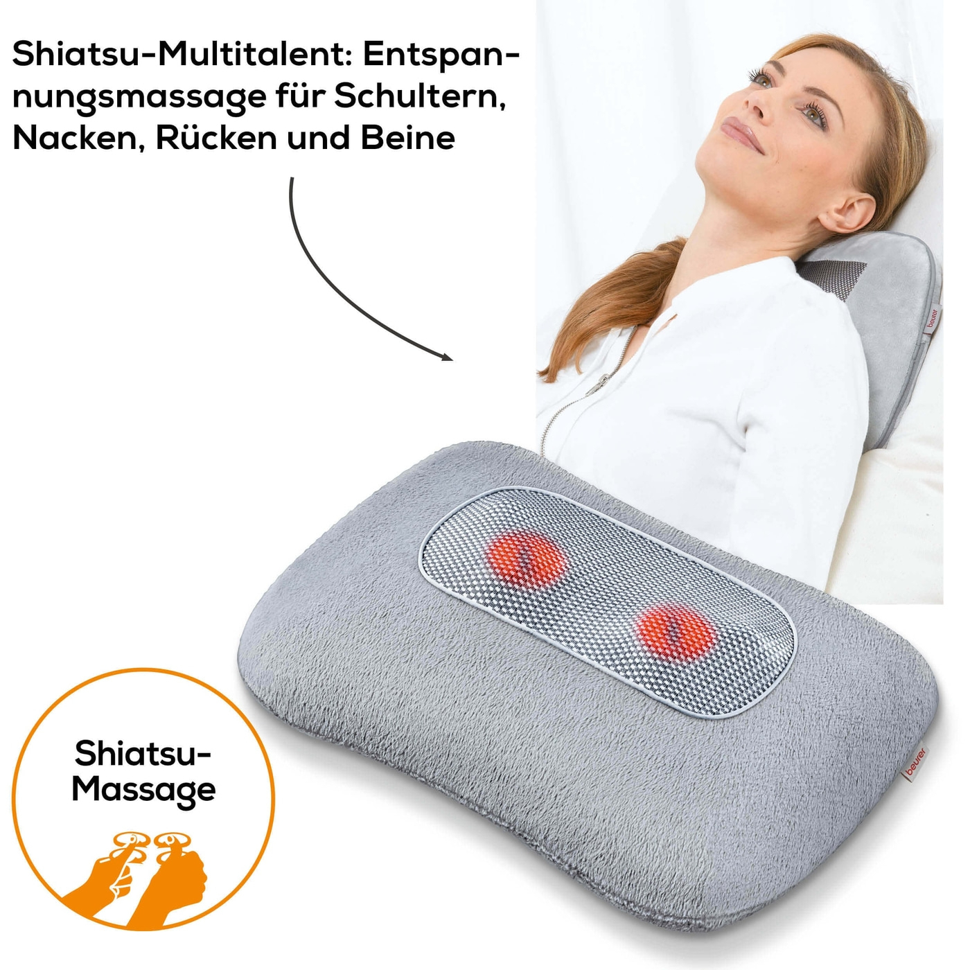 (34x25cm) MG 145 Shiatsu Nacken Massage Kissen Tiefenknetmassage Massagegerät mit Wärmefunktion (64404) - Grau