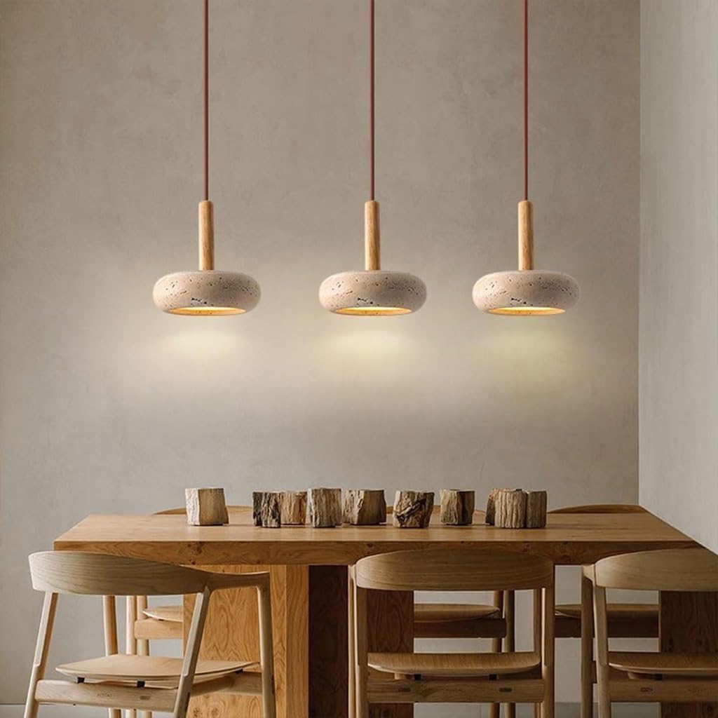 Wabi Sabi Pendelleuchte Gelbe Travertin Mit Rundem Naturstein Schirm Nordische Holz LED Hängelampe Verstellbare Schlinge Für Schlafzimmer Nachttischlampe Wohnzimmer Kücheninsel(Long)