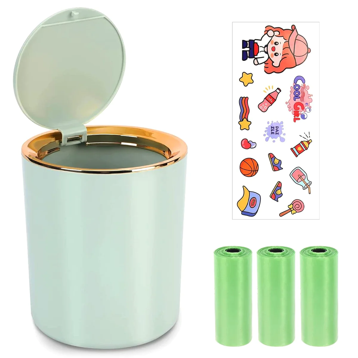 Mini poubelle de table avec couvercle avec 3 rouleaux de sacs poubelle