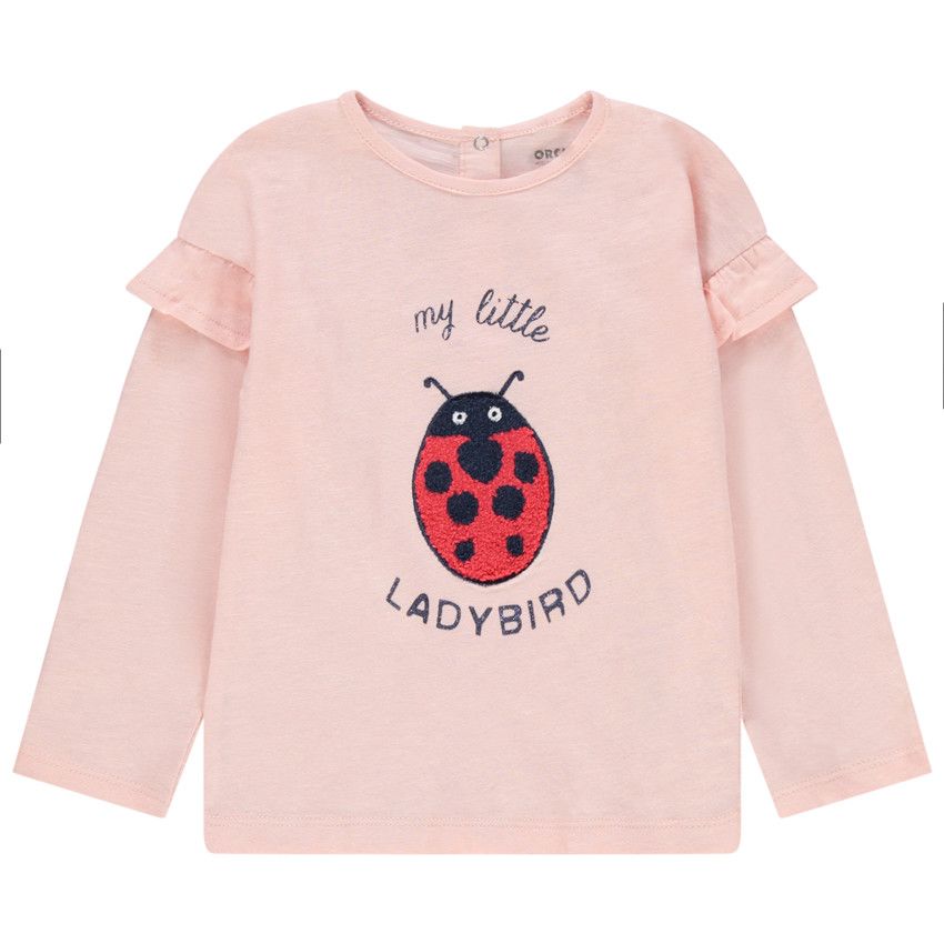 T-shirt manches longues volantées aux épaules motif coccinelle - Rose