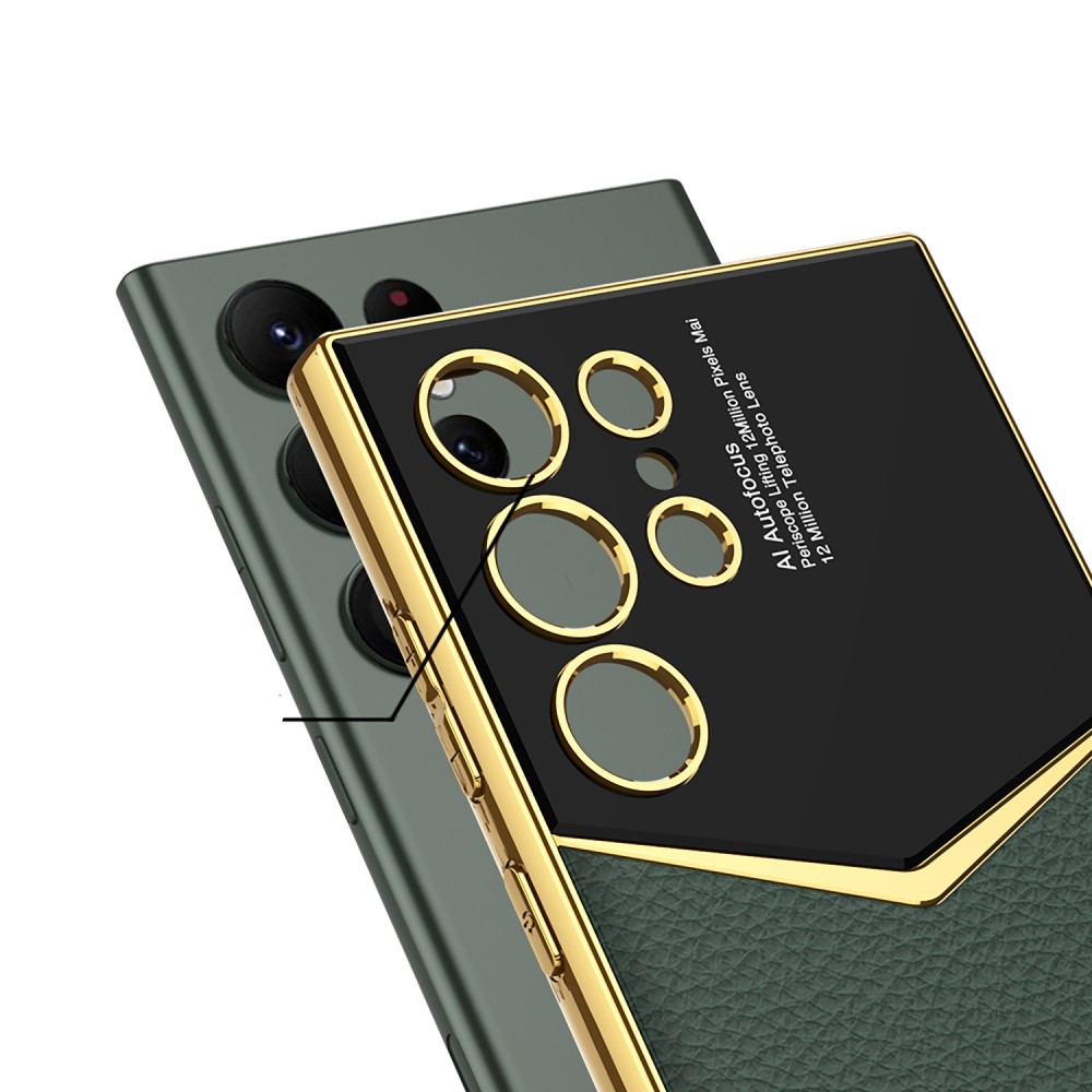 Samsung Galaxy S24 Ultra Leder Hardcase Hülle mit Galvanisiertem Rahmen   Kameraschutz - Gold / Schwarz