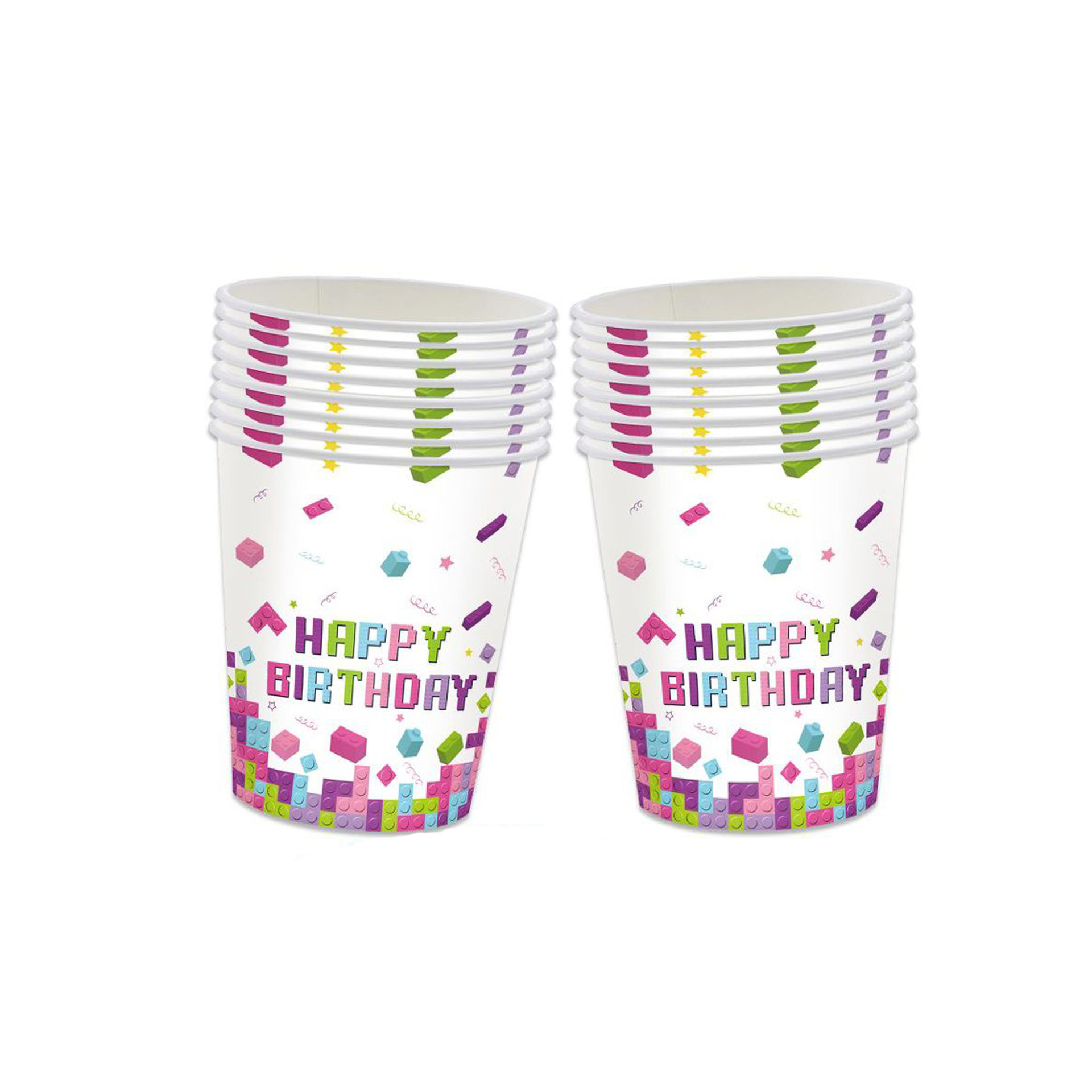 (112-tlg. Set) Happy Birthday Einweg Geschirr Kinder Geburtstags Party Tisch Deko inkl. Teller / Servietten / Papp Becher / Besteck - Bausteine / Pink