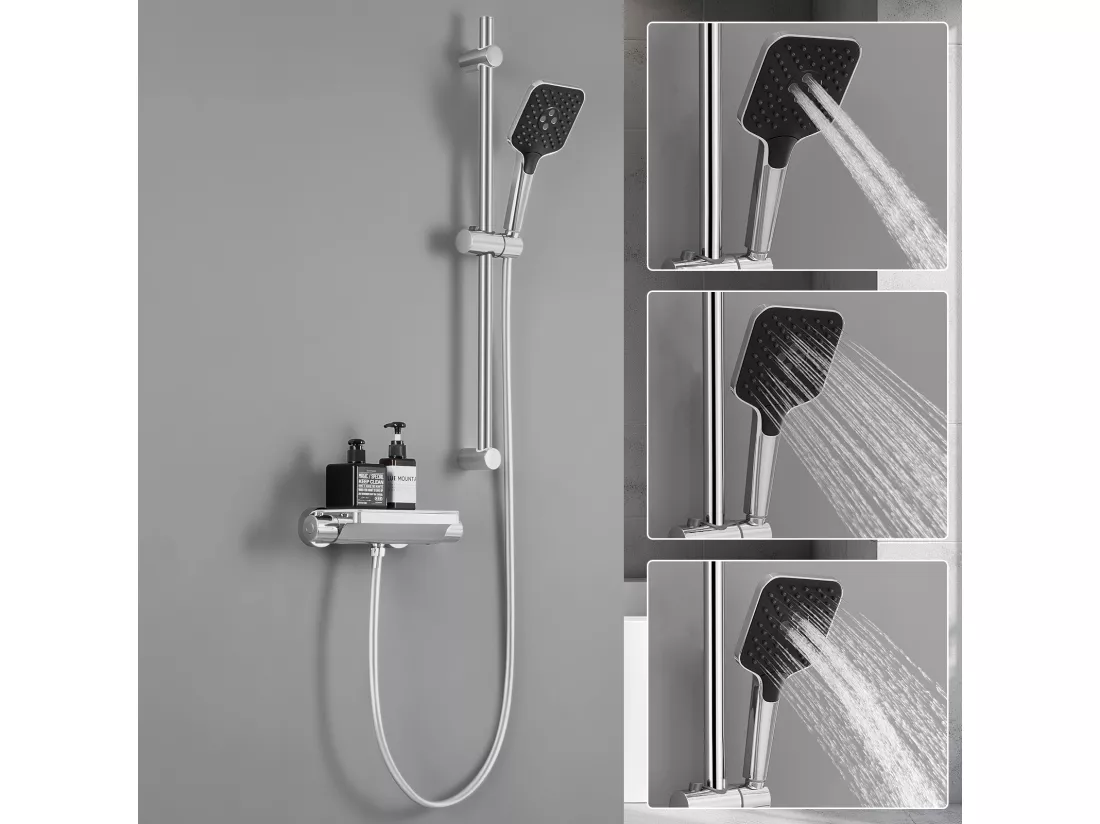 2PCS Lonheo max Élégant Ensemble de Douche avec Etagère et Douchette à Main 3 Fonctions, Chromé Colonne de Douche Thermostatique avec 38°C Mitigeur