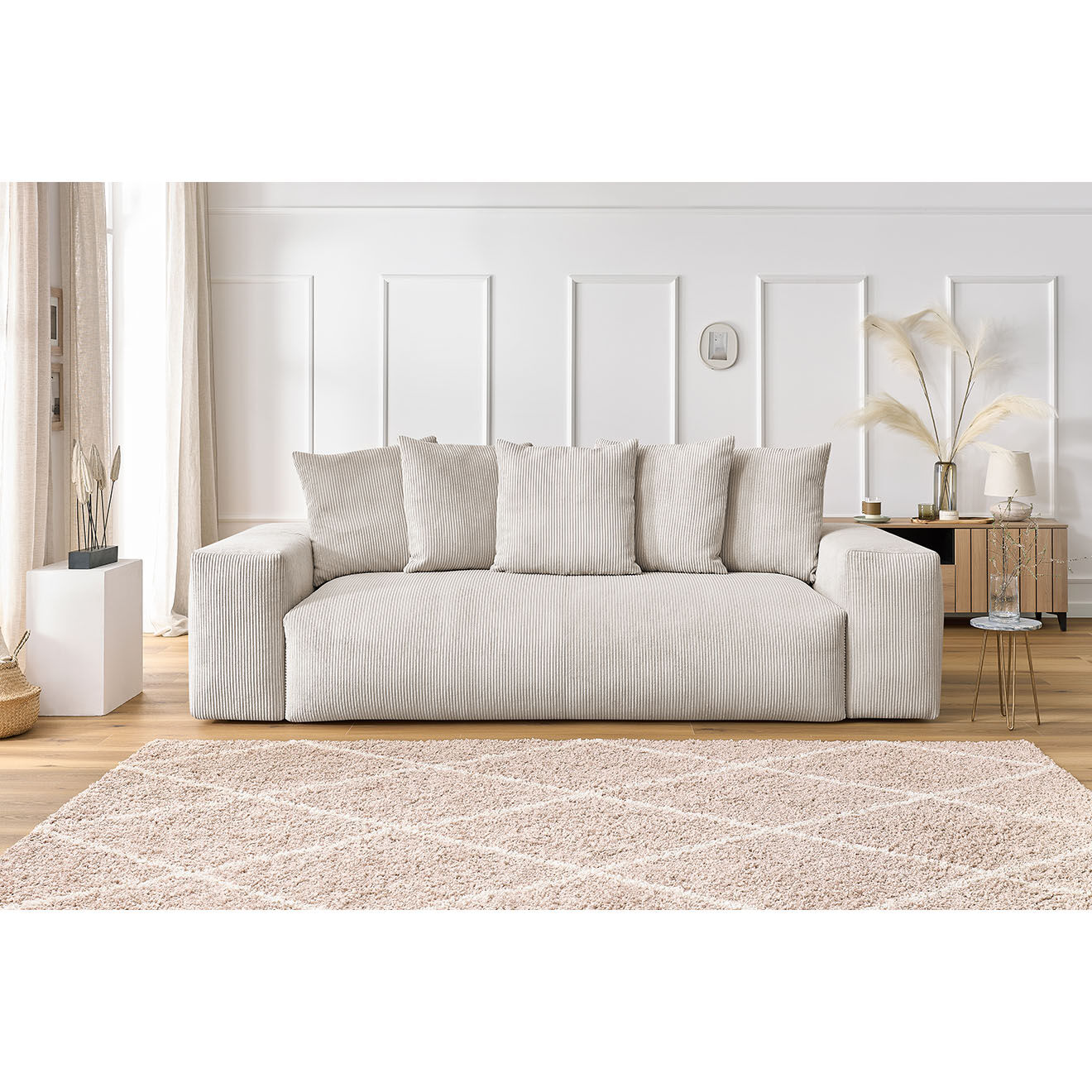 Bobochic Canapé droit fixe 3 places ultra moelleux voltaire velours côtelé beige - 280x124x75 cm
