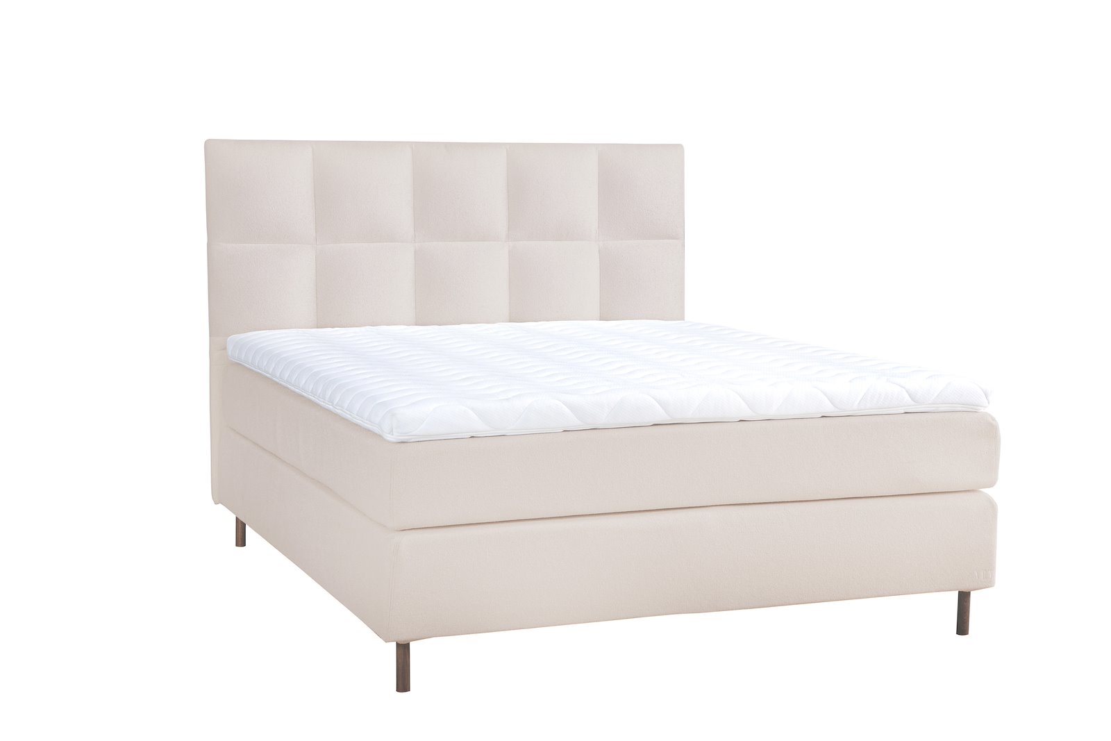 Premium 12 kontinentalseng Tekstil Bris 05 beige, fast/fast, XOV Premium 12 memoryfoam overmadrass og runde ben i røkfarget eik 15 cm