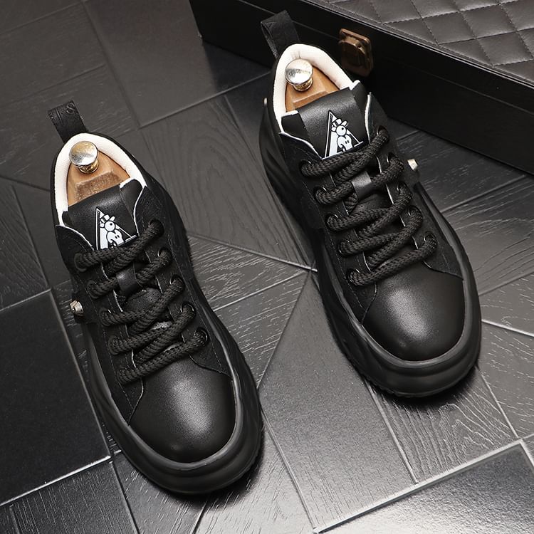 Mr Ozera - Platform Plain Studded Faux Leather Lace-Up Sneakers