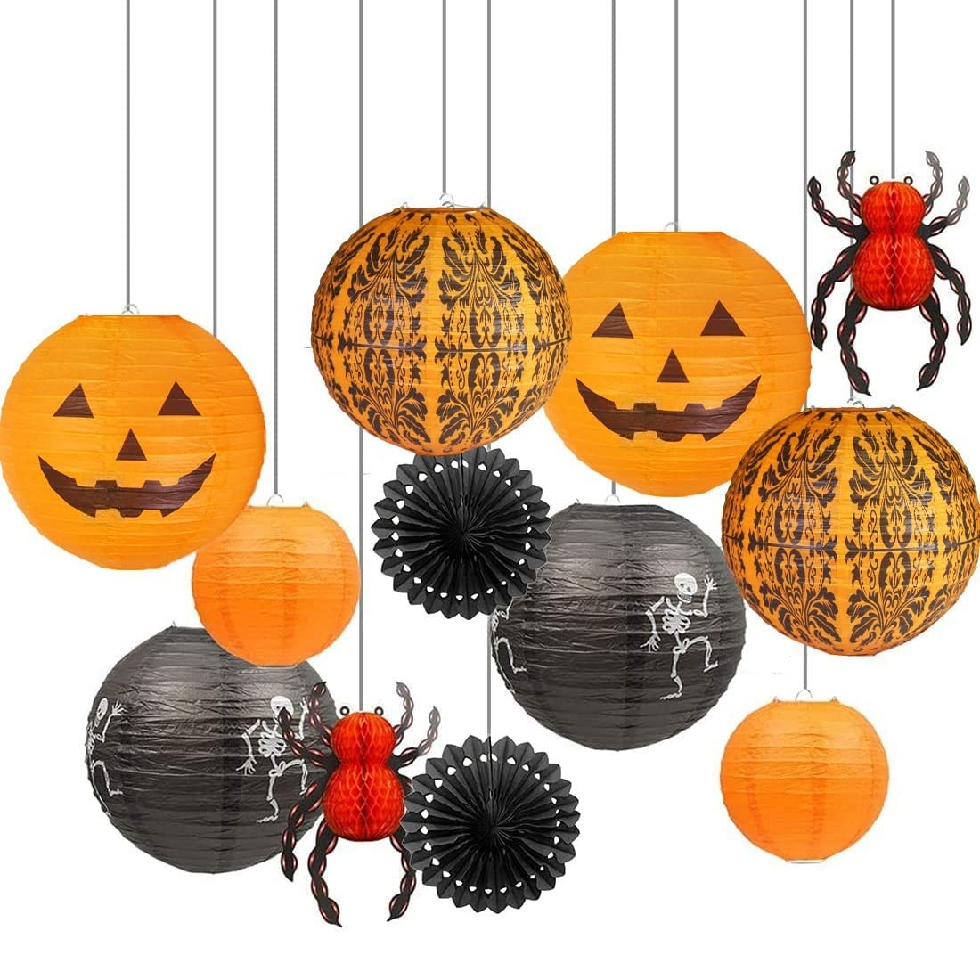 (12-tlg. Set) Halloween Party Dekoration Grusel Accessoires inkl. Lampion / Papier Fächer / Waben Spinne - Orange / Schwarz