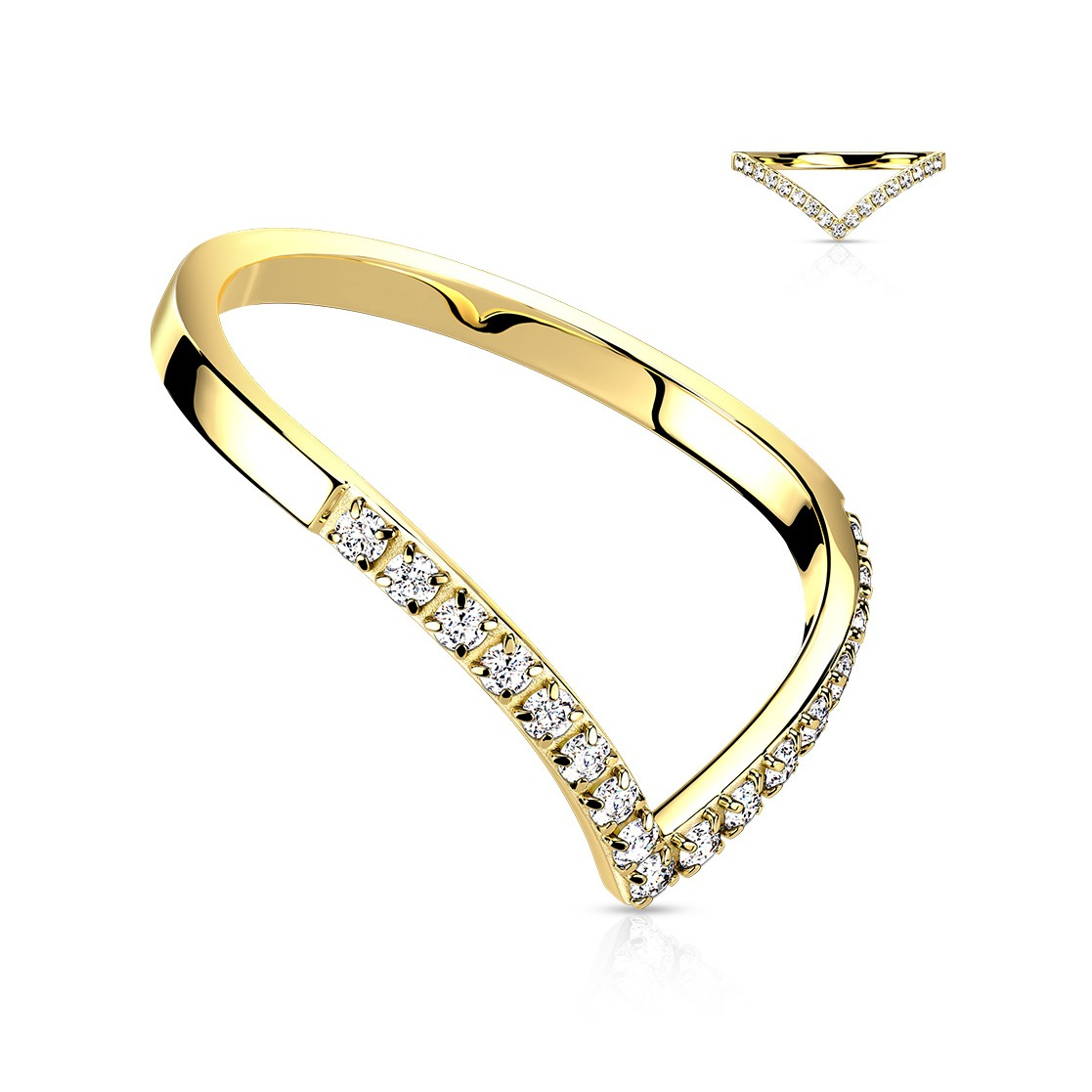 (Gr. 54) 316L Edelstahl Fingerring im Chevron Design mit Strasssteinen - Gold
