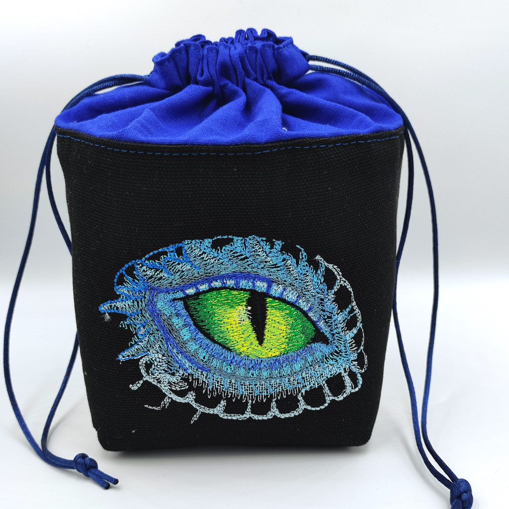 Bourse à dés carrée noir et bleu roi - motif oeil de dragon