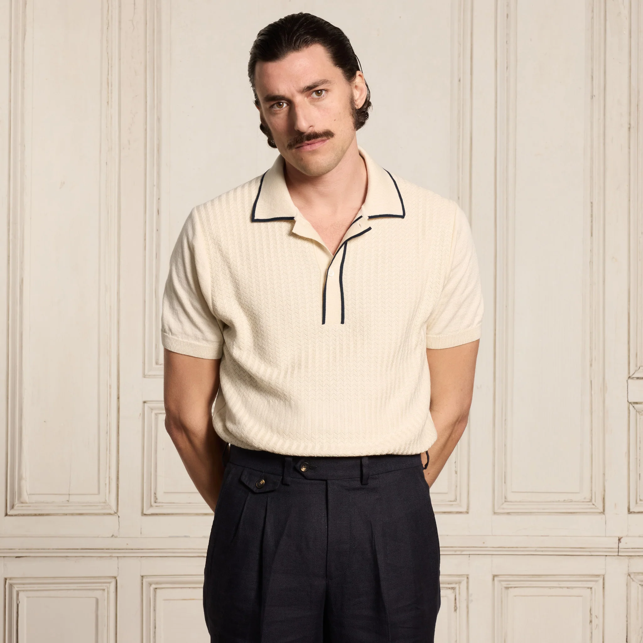 Ecru and navy knit polo shirt