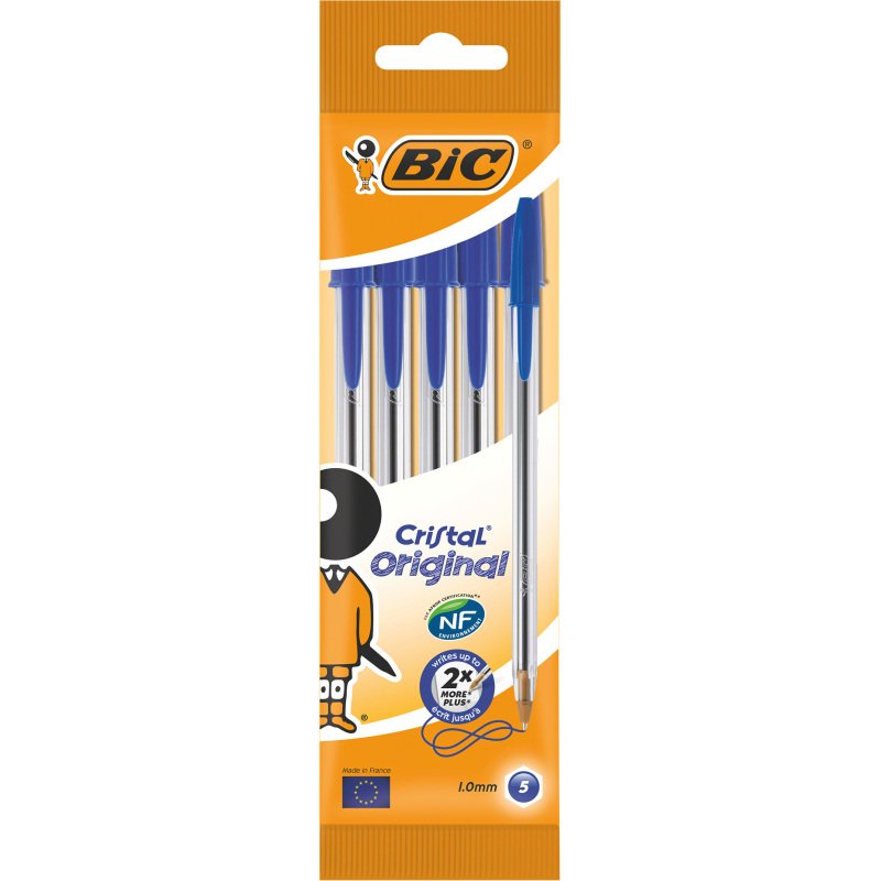 Stylo bille Bic Cristal Original à capuchon pointe 1 mm écriture moyenne - Pochette de 5