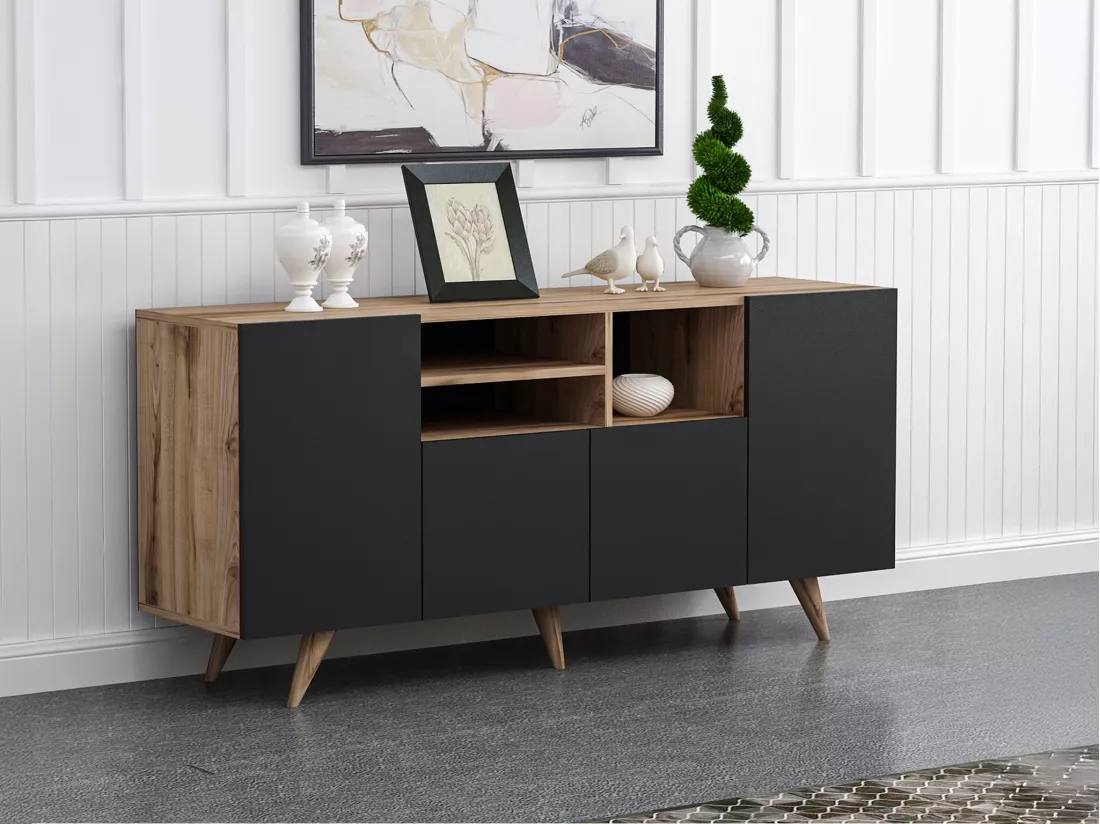 Buffet avec 4 portes et 3 niches - Noir et naturel - MOSTIA
