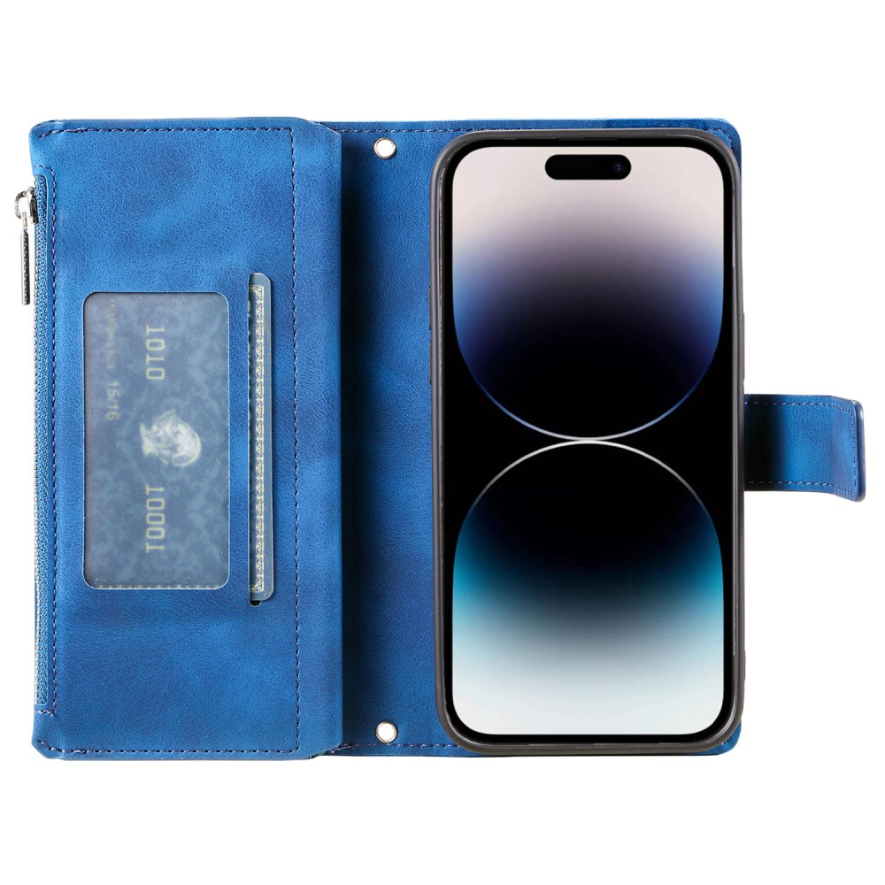 iPhone 16 Pro Leder Tasche Flip Cover mit Reissverschluss - Mandala Flowers Imprint - Blau