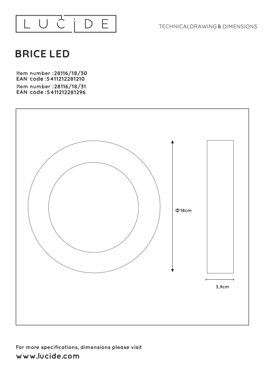 Lucide Brice Ø18 plafondlamp LED badkamer IP44 wit