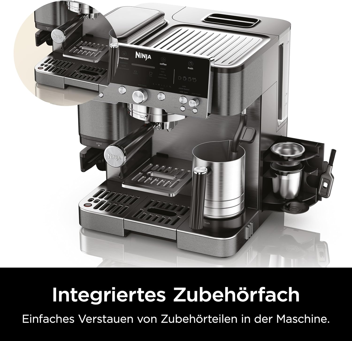 Ninja Luxe Premier 3-in-1 Kaffeemaschine, für Espresso, Cold Brew & Filterkaffee, 4 automatische Schaumeinstellunge, Grau-Metall, ES601EUGM