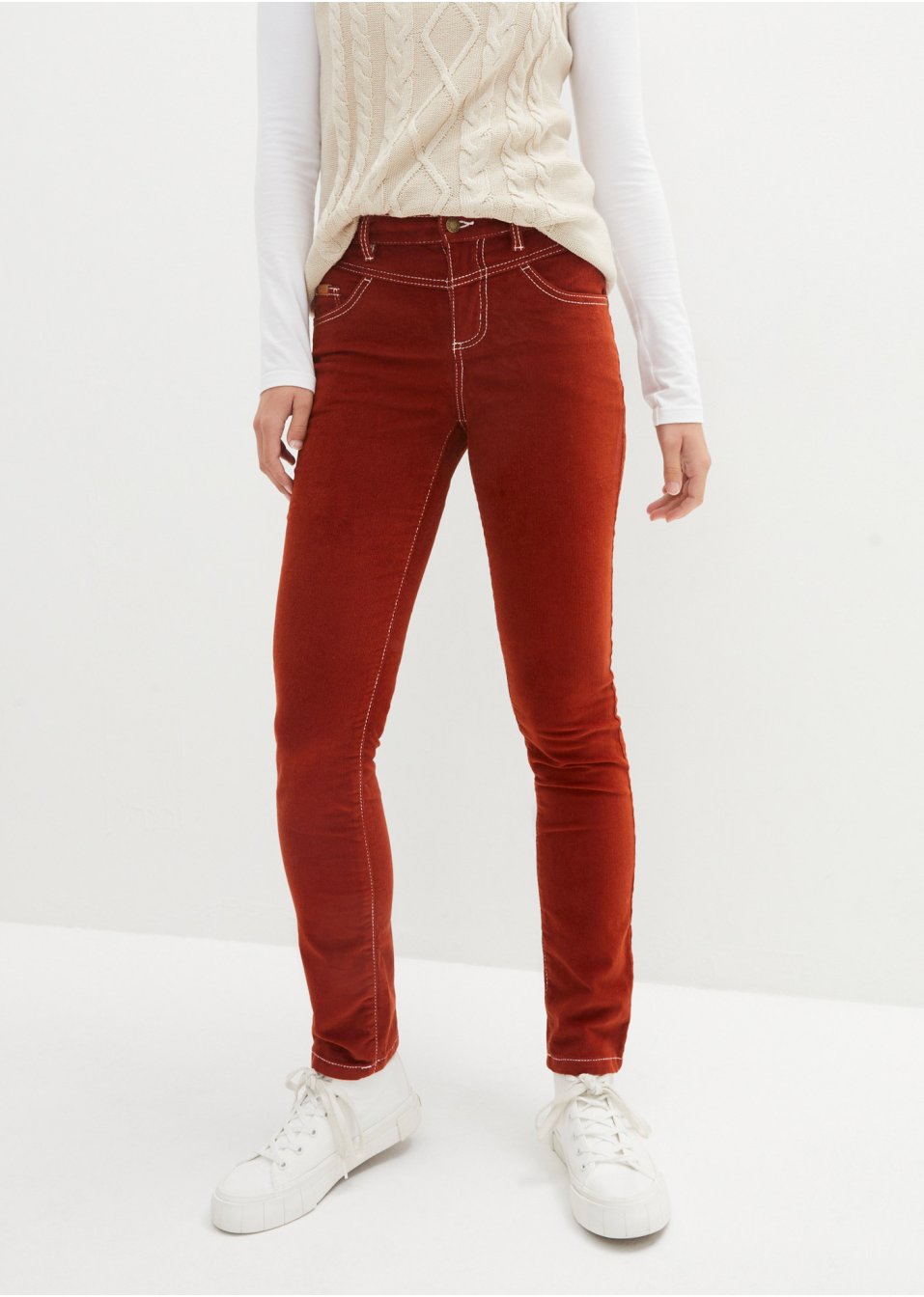 Pantalon en velours côtelé extensible Slim Fit avec coutures contrastantes
